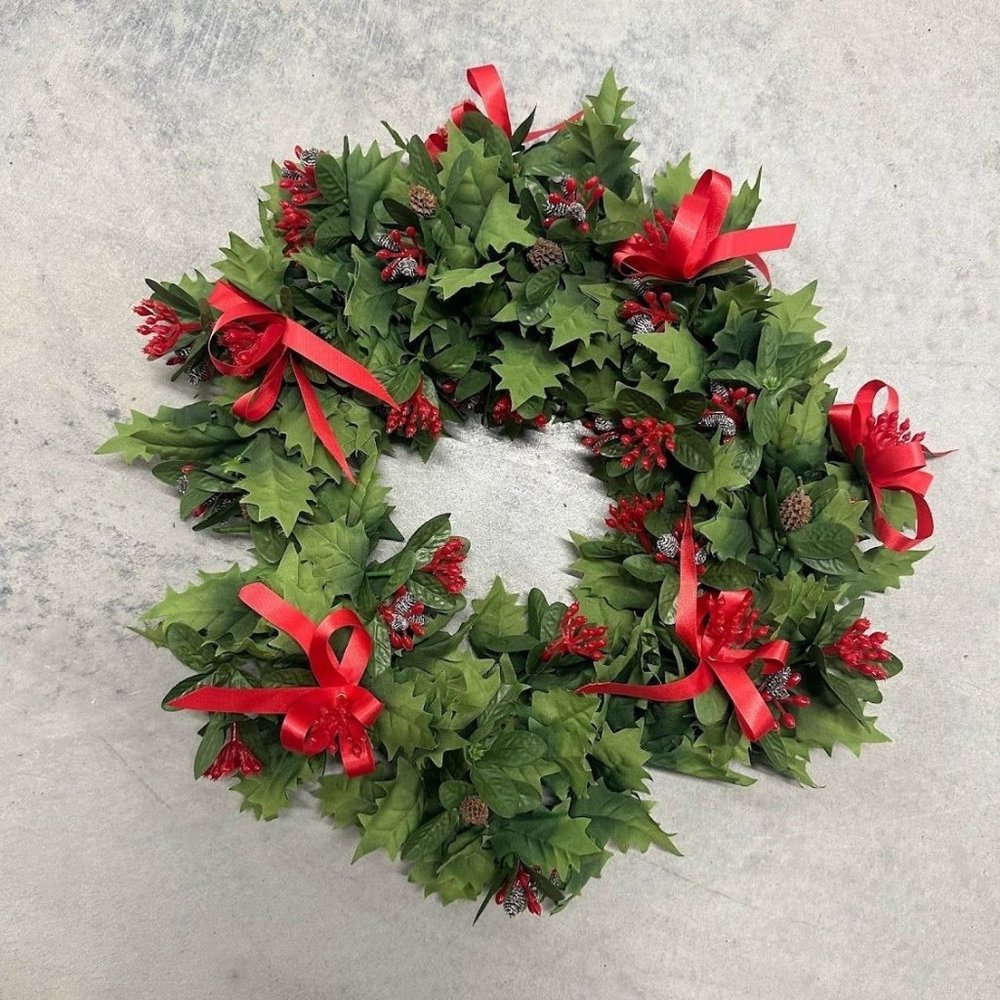 Vintage Fabric and Plastic Christmas Holly Wreath with Bows, Pinecones
